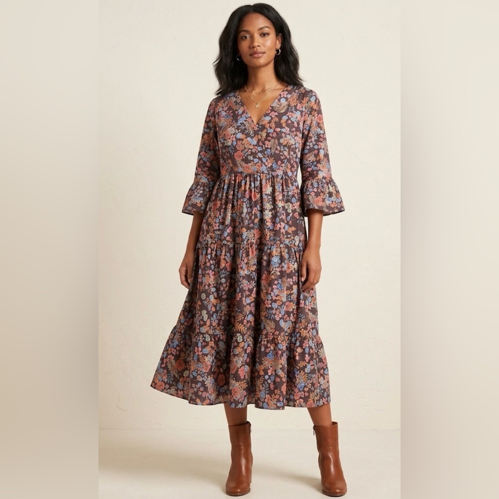 Caliban Cotton Italian Floral Tiered Maxi Dress Boho Cottagecore Bell Sleeve 44